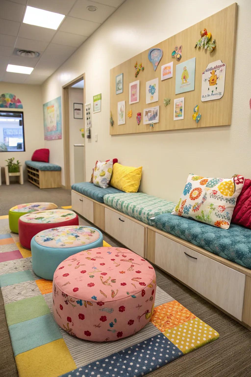 Comfortable seating with plush benches and colorful cushions for all ages.