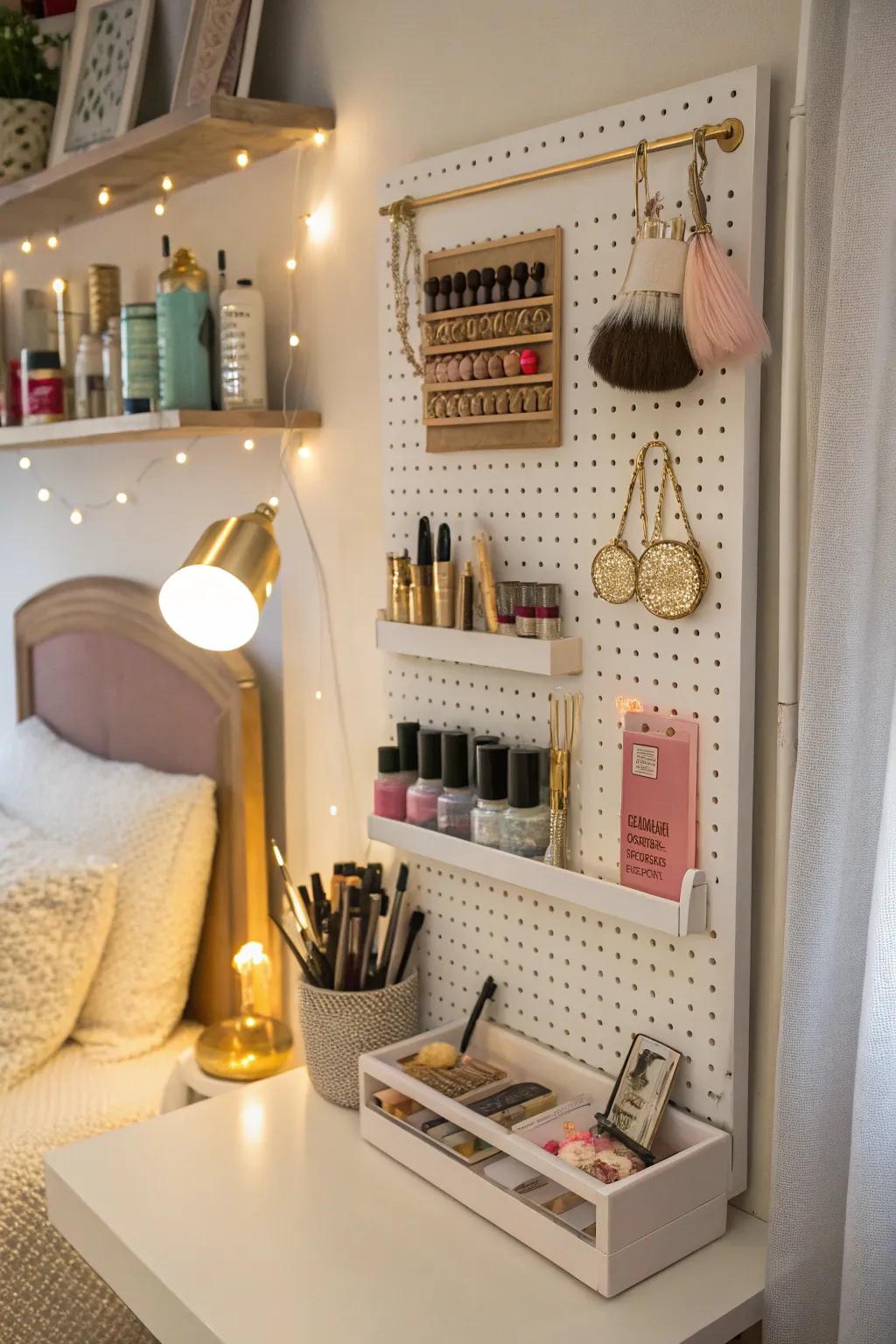 A pegboard vanity station for organized elegance.