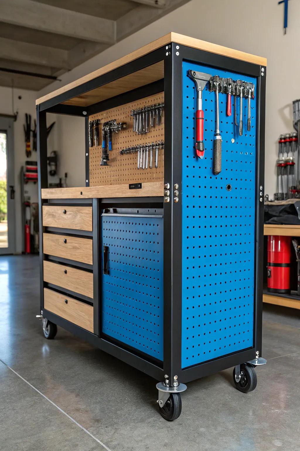 Elevate your garage organization with this striking rolling pegboard cart - the perfect blend of craftsmanship and functionality.