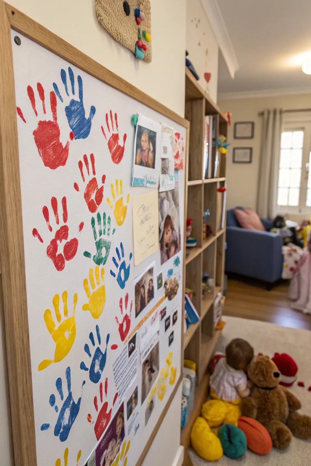 Colorful handprints invite engagement and community spirit.