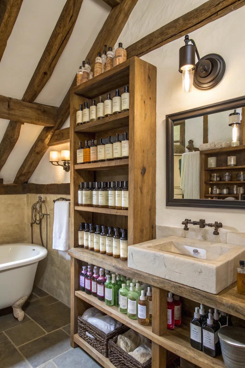 Rustic wood shelves bring a homey vibe to your perfume collection.