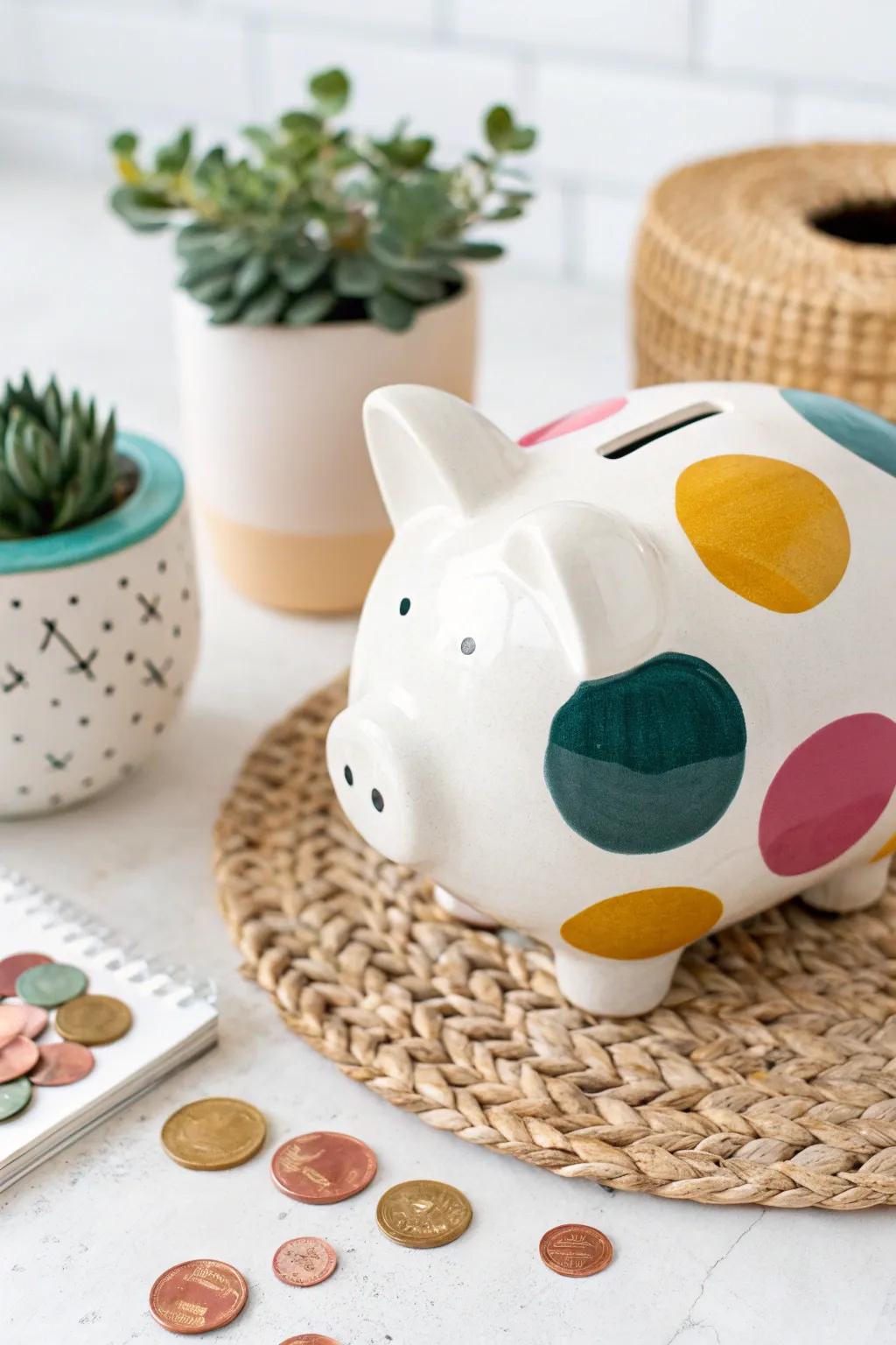 Add a playful touch to your savings with this polka dot piggy bank masterpiece!
