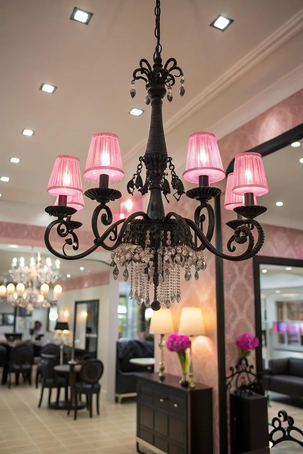 Elegant lighting adds a glamorous touch to the space.