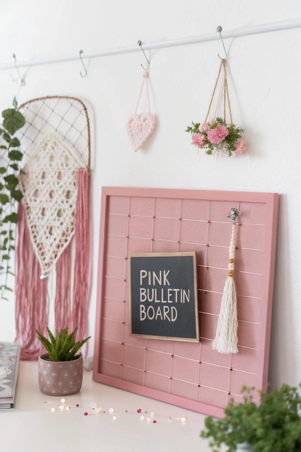 Elevate your workspace with this charming pink bulletin board, where Boho meets Scandinavian minimalism. Perfect for capturing your creative sparks!