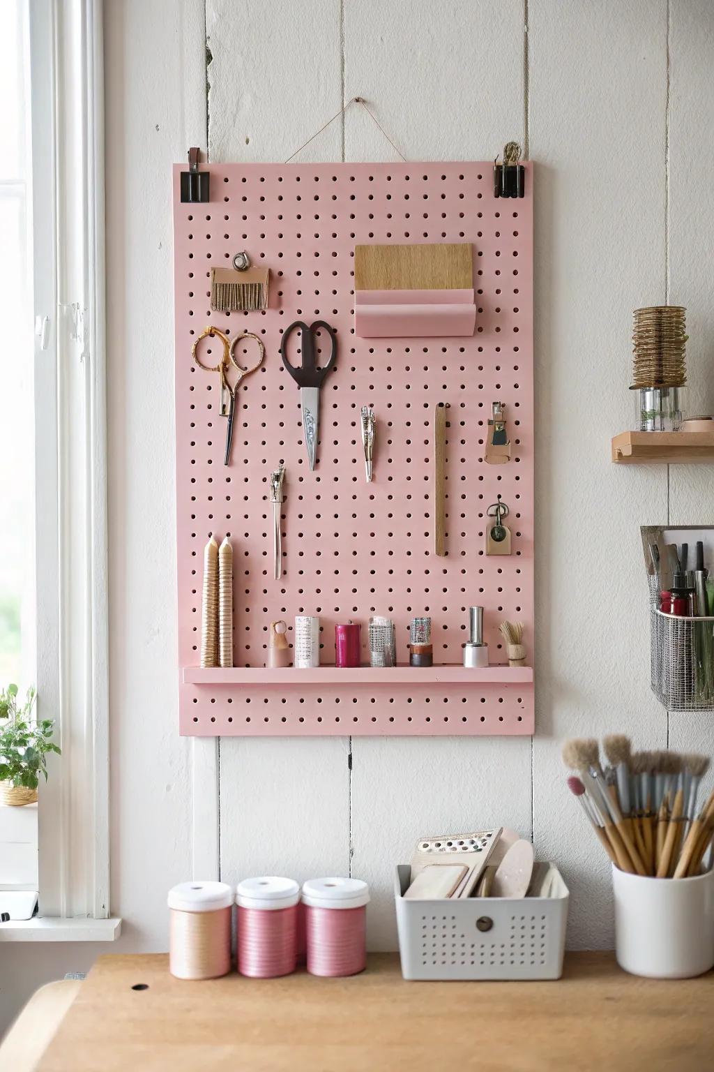 Organize with style: this pink pegboard adds charm and functionality to any craft room!