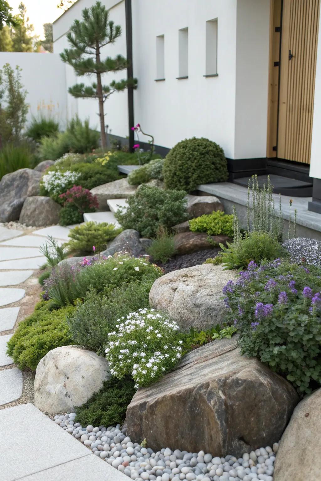 Discover the serenity and elegance of a Scandinavian-inspired rock garden, where shade-loving plants thrive in harmony.