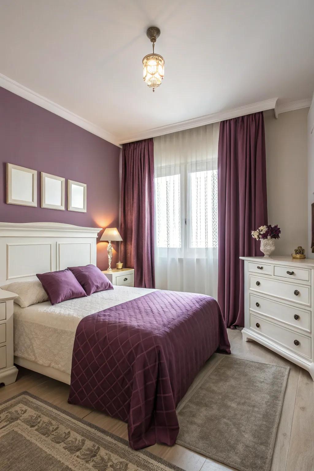 White furniture balances deep plum shades for a fresh look.