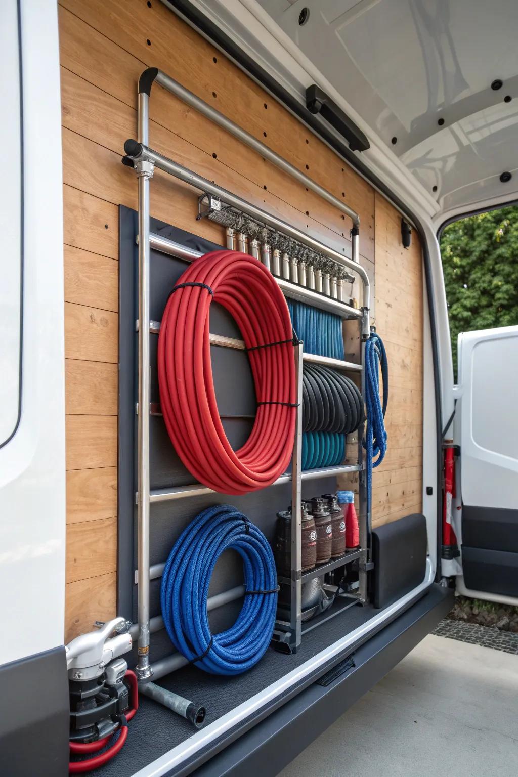 Transform your plumbing van with stylish hose racks—organization meets craftsmanship!
