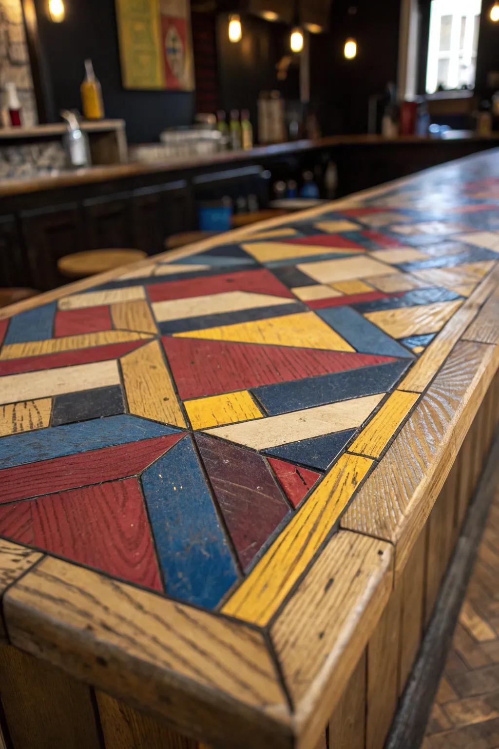 Transform your bar with a stunning plywood mosaic masterpiece that celebrates craftsmanship and bold design.