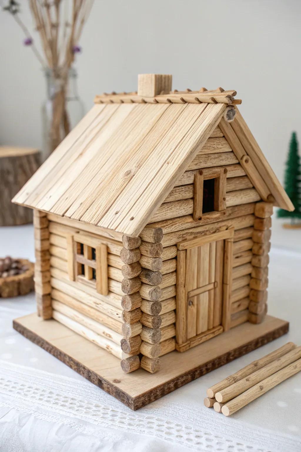 Immerse yourself in the charm of a handmade rustic cabin retreat, crafted from popsicle sticks for a cozy and minimalist vibe.