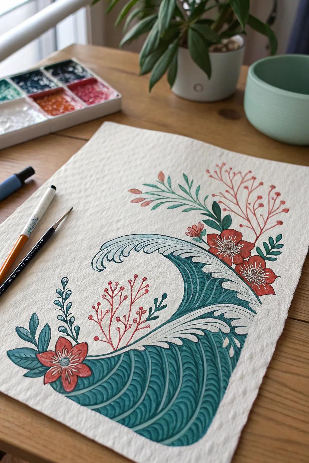 Embrace tranquility with this minimalist Posca drawing, where waves and blooms come alive in vibrant hues.