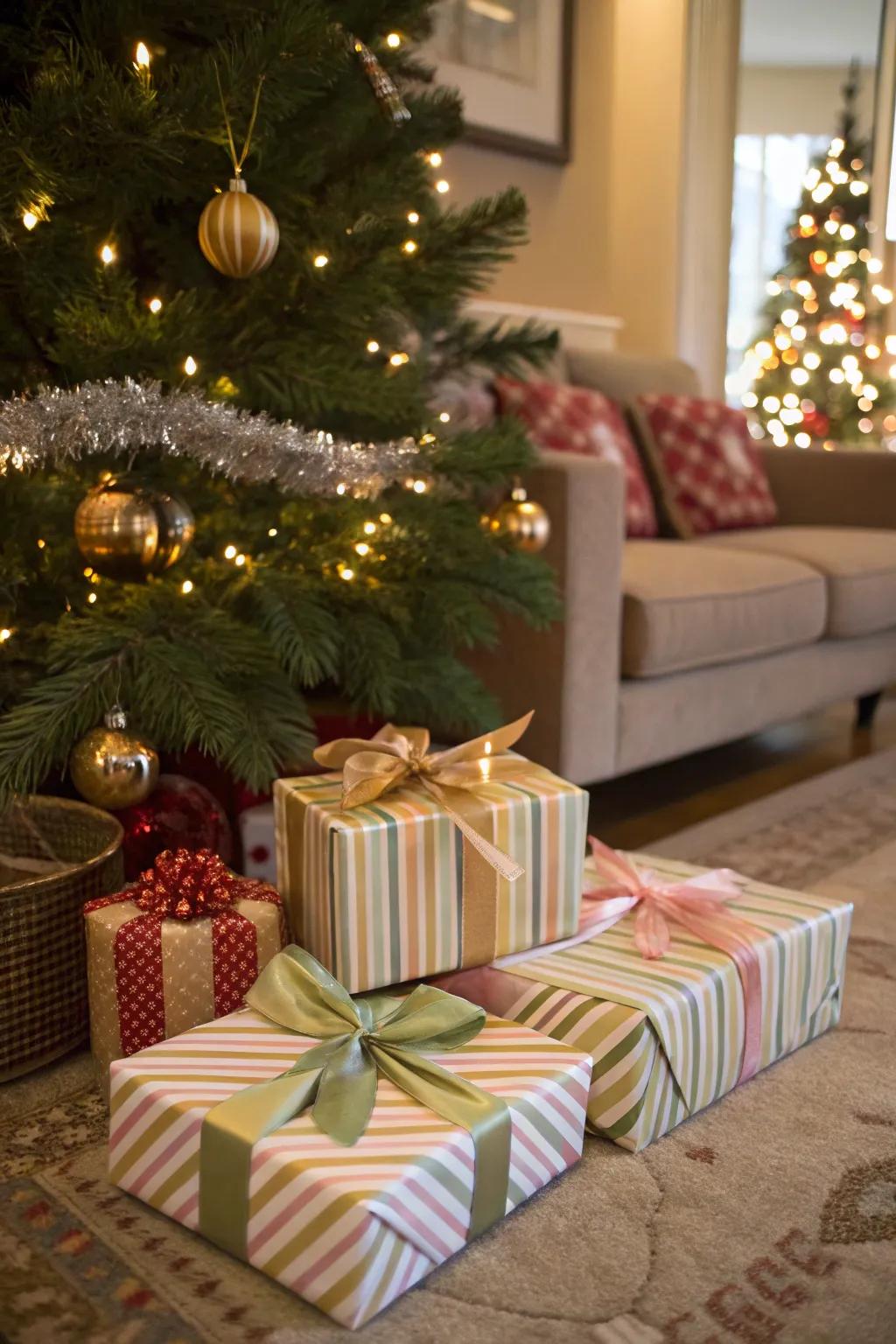 Stylishly wrapped gifts add an extra layer of excitement under the tree.