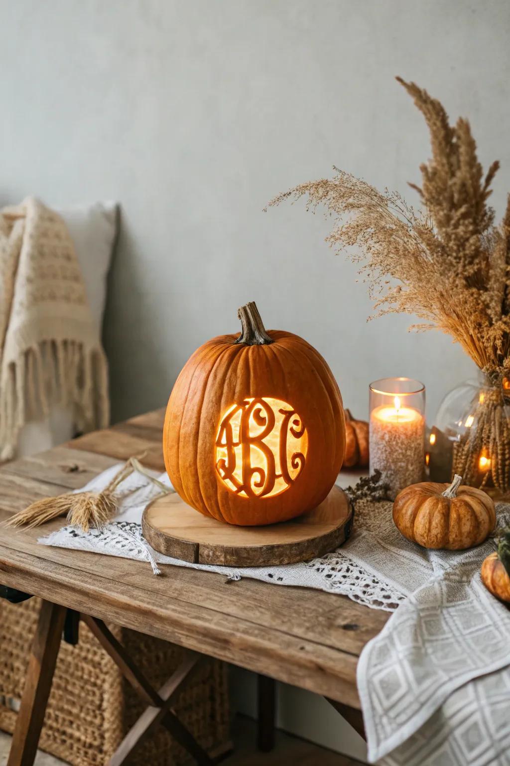 Elevate your autumn decor with a personalized monogram pumpkin that exudes elegance and charm.