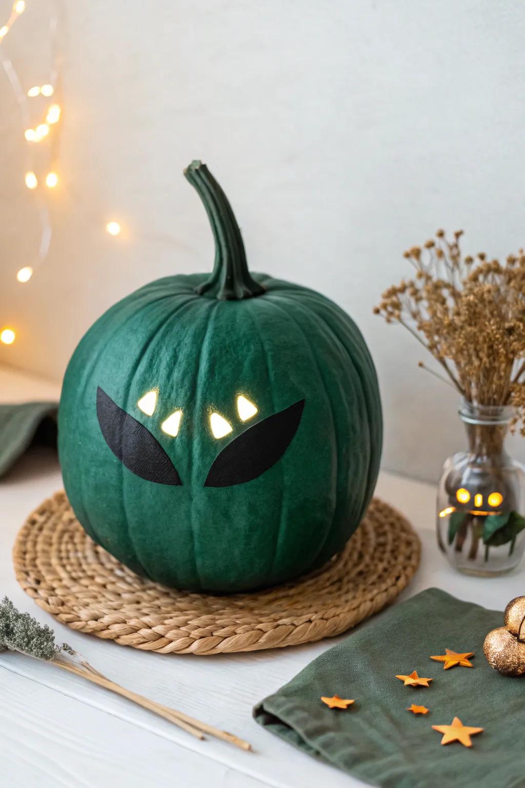 Transform your porch with glowing alien pumpkin eyes for a cosmic touch of elegance!
