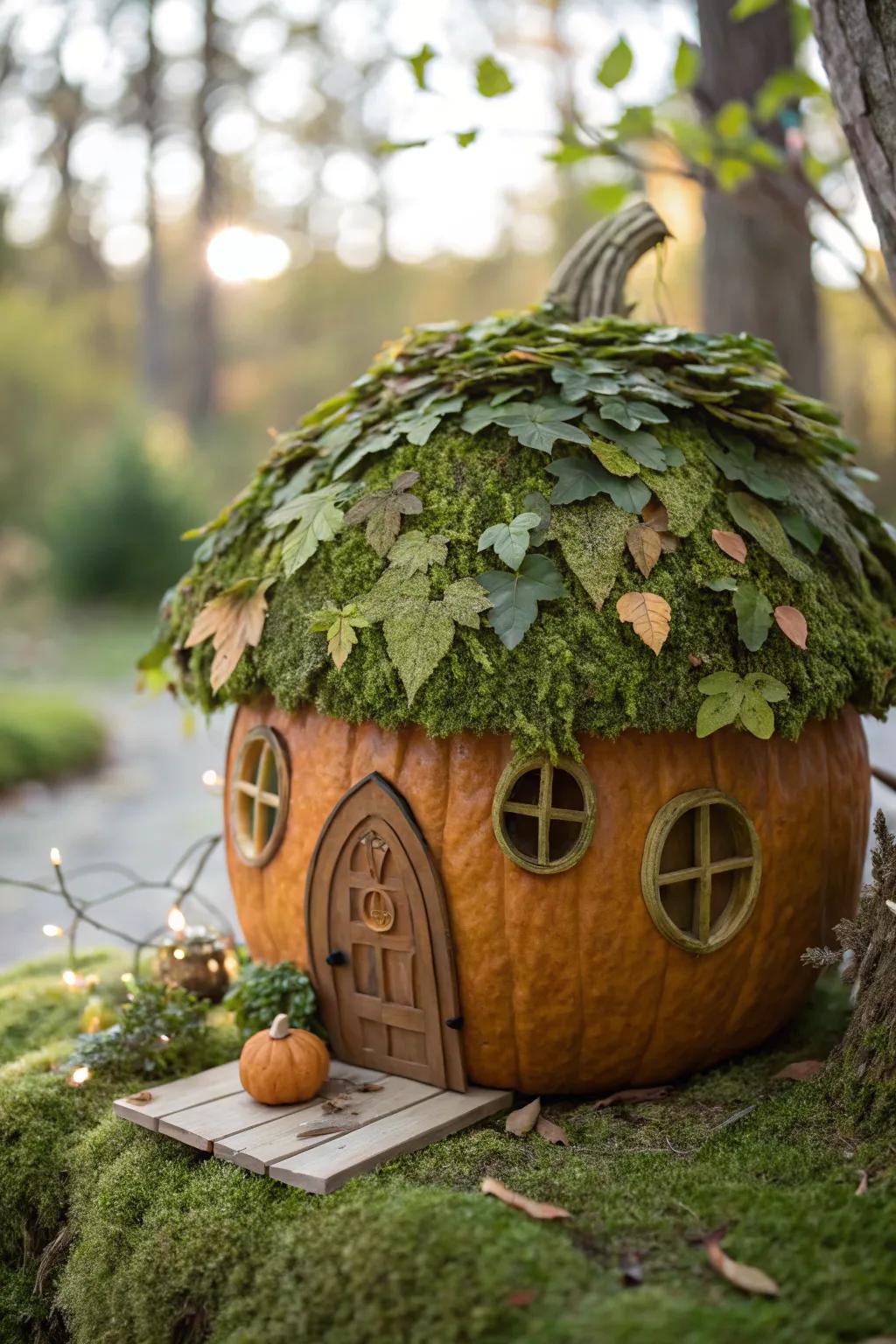 Transform your garden with this enchanting leafy-roof pumpkin fairy house.