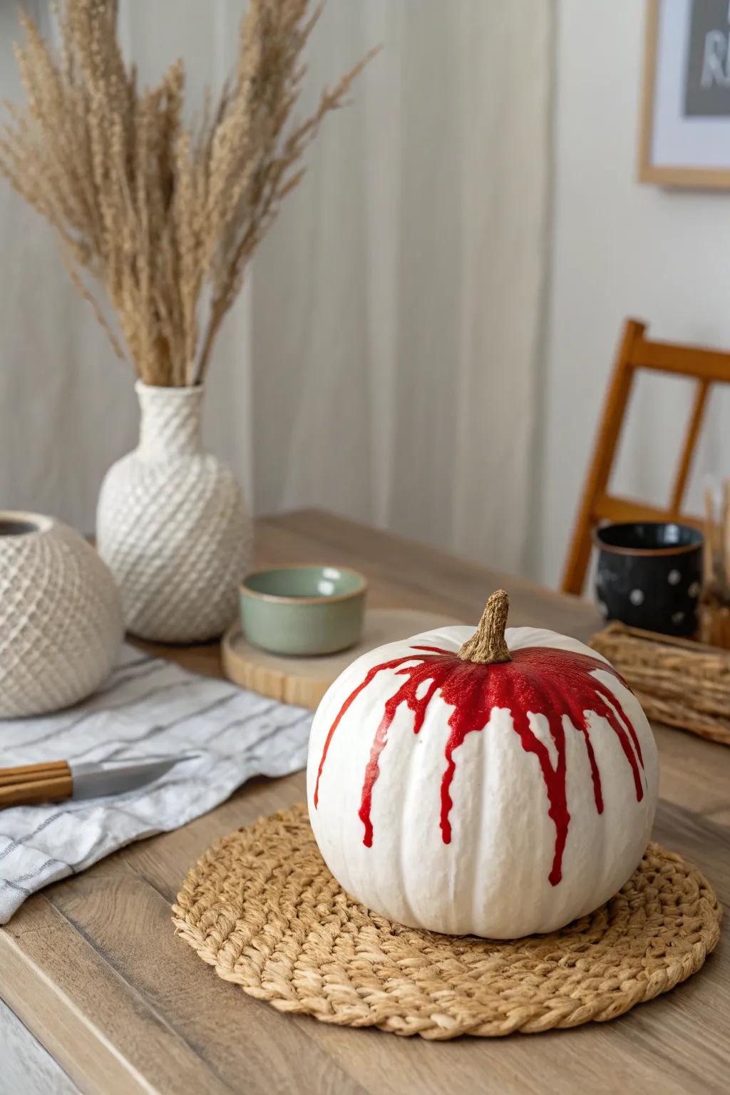 Turn your pumpkin into a spooky masterpiece with this simple yet striking bloody drip design.