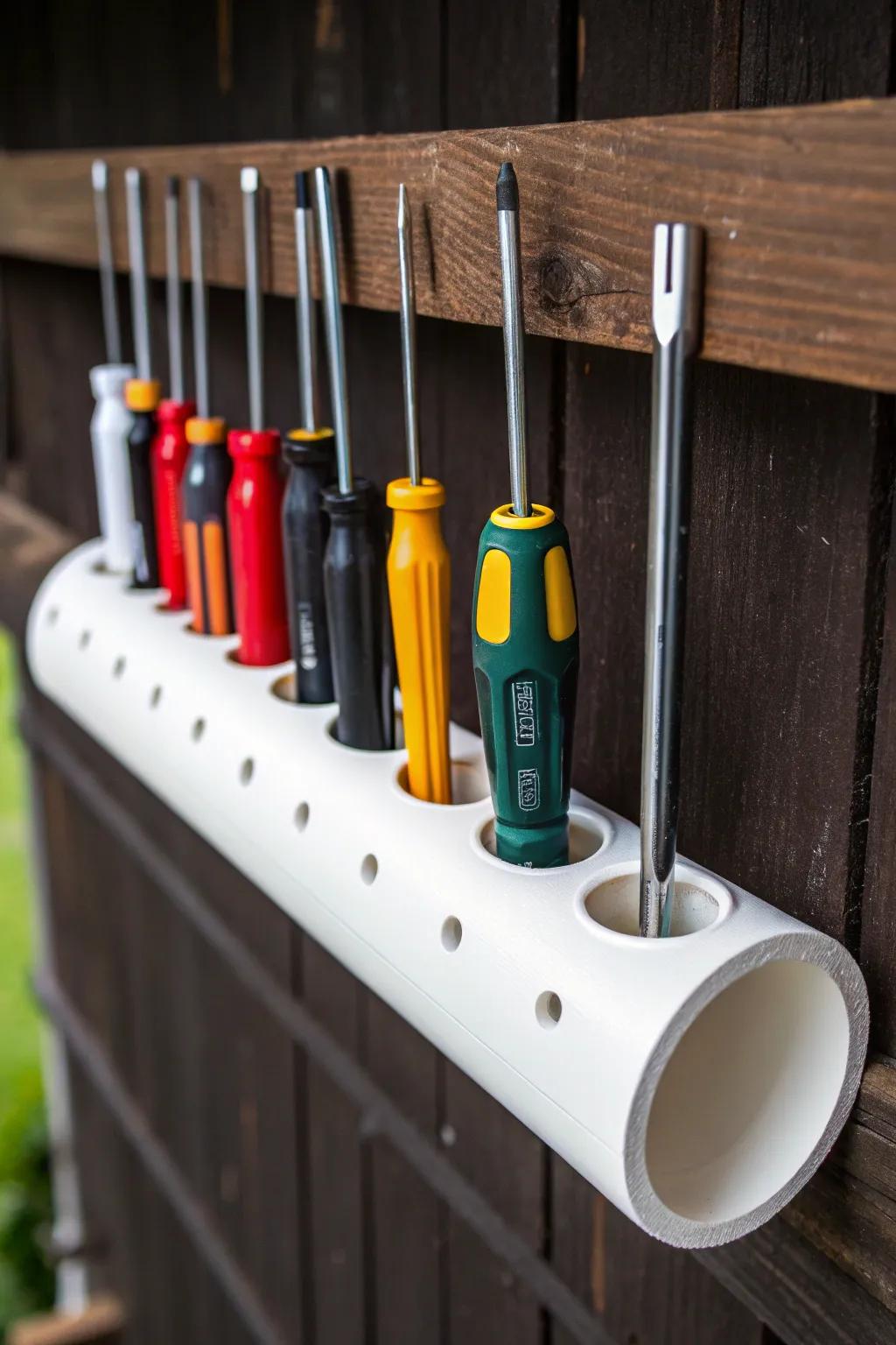 Transform your tool storage with this ingenious PVC pipe screwdriver caddy—where functionality meets style.