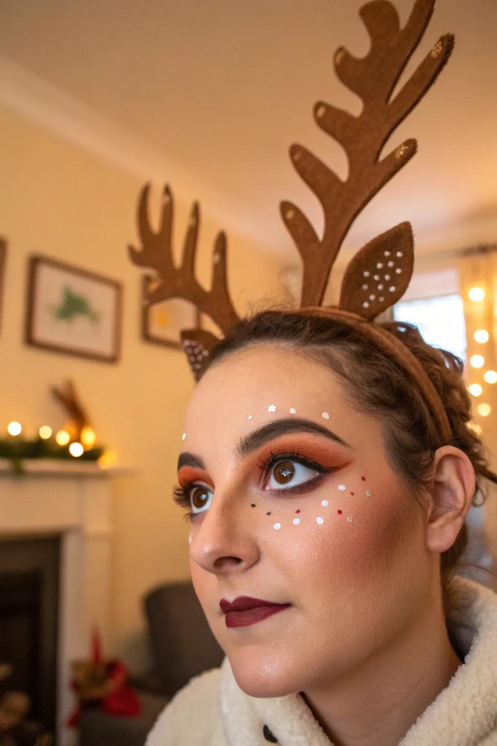 Dramatic eye makeup elevates the reindeer face paint to a new level.