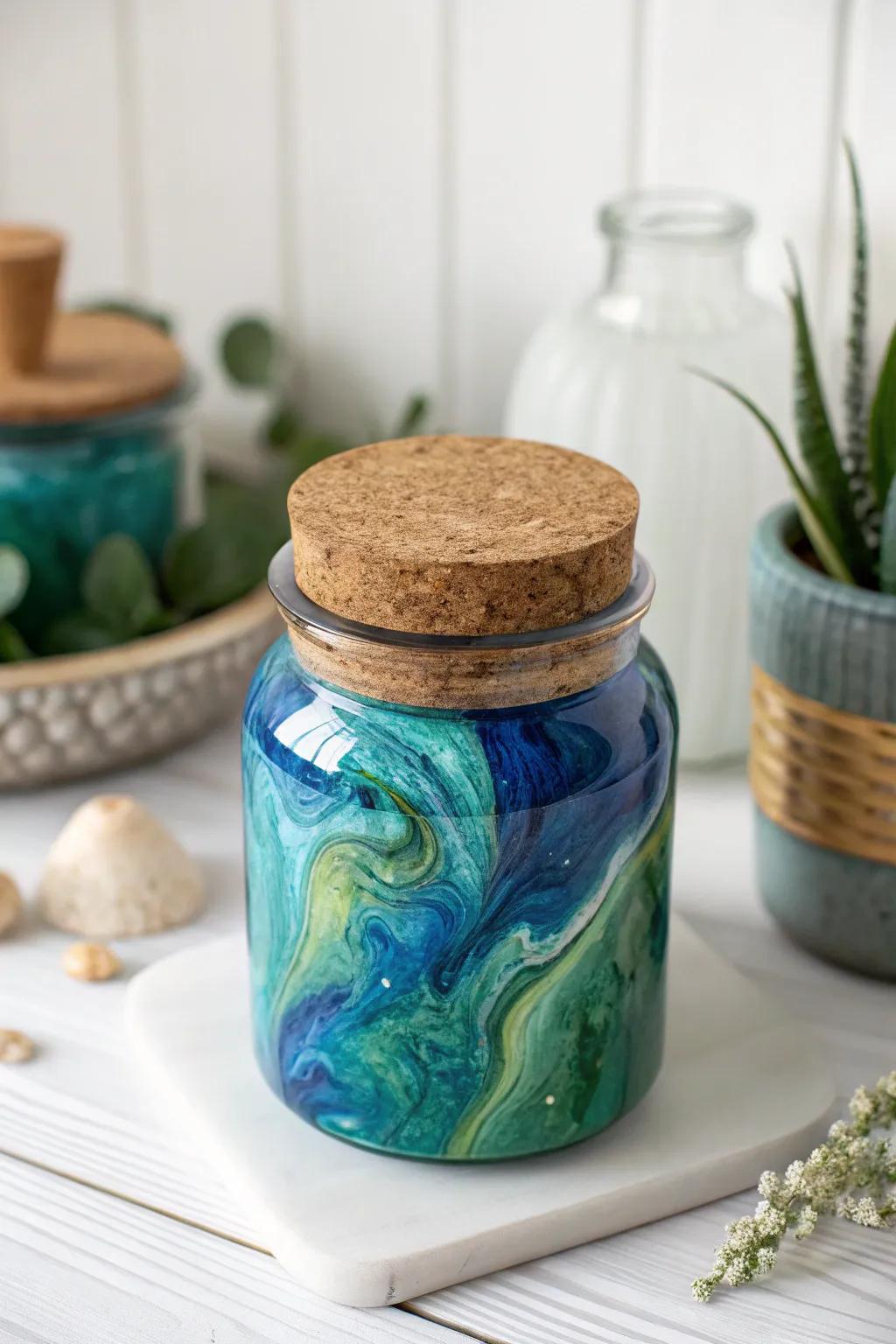 Embrace natural elegance with this stunning cork-lidded resin jar, where vibrant hues meet rustic charm.