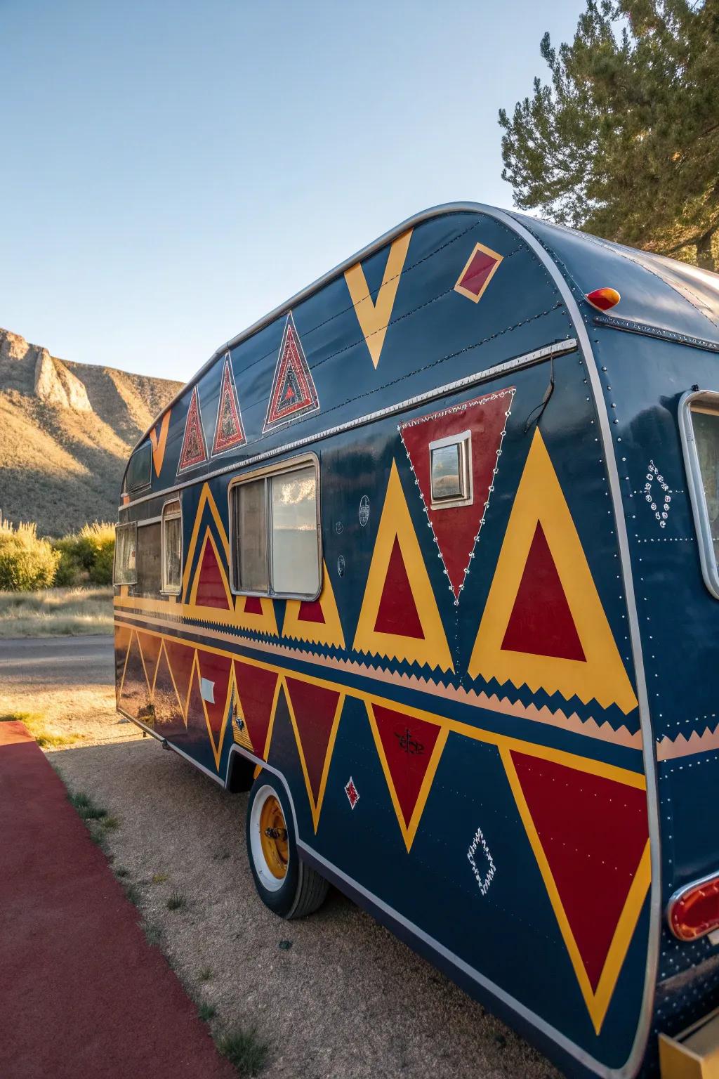 Turn heads with a geometric twist: Bold shapes meet vintage vibes in this stunning camper makeover.