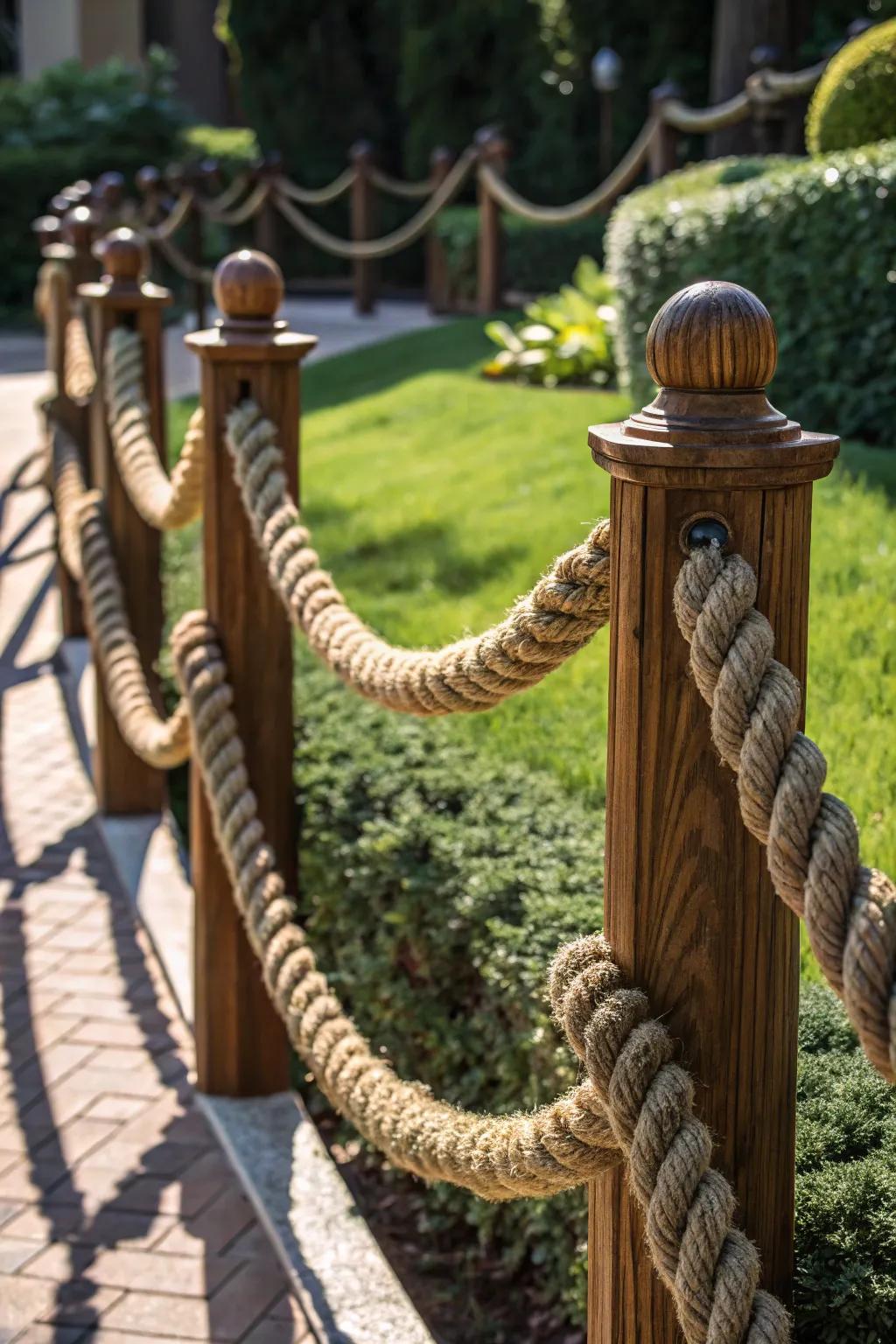 Enhance your garden's charm with a handcrafted rope fence that defines space with style.