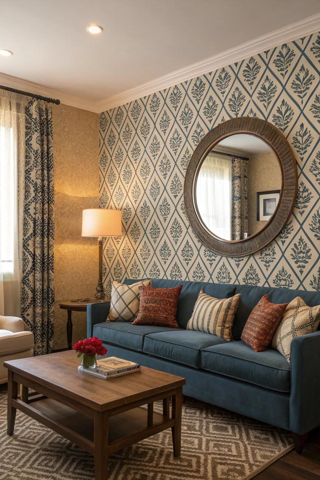 Round mirror balancing bold patterns in a dynamic living room.