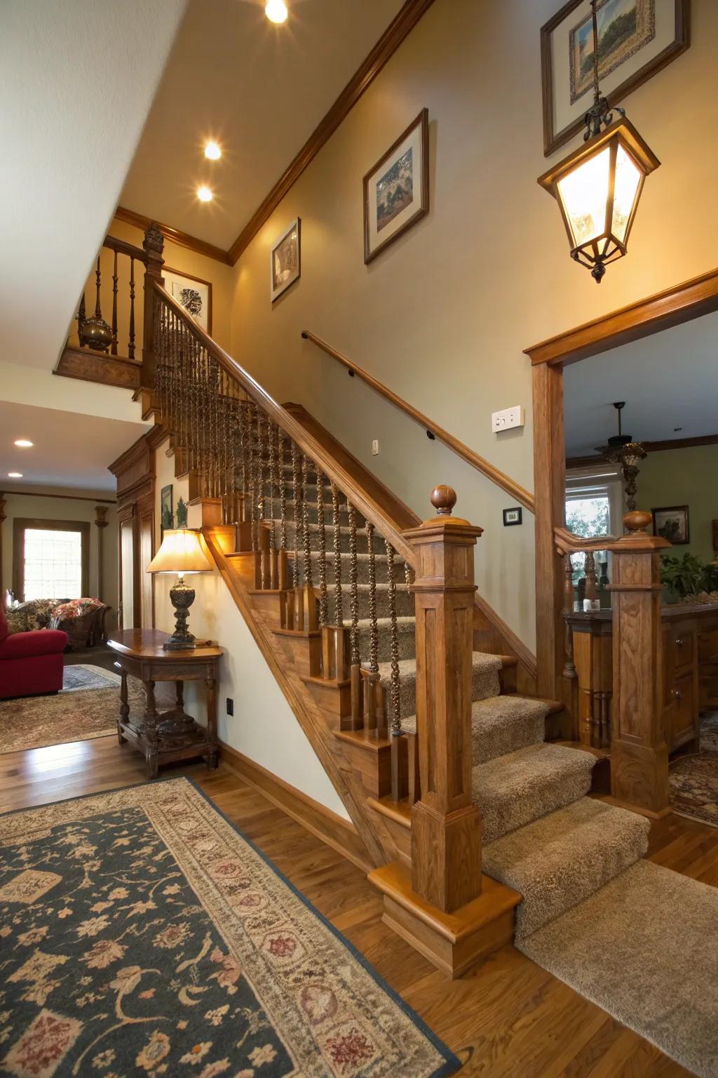 Chunky wood balusters adding warmth and solidity to a rustic staircase.