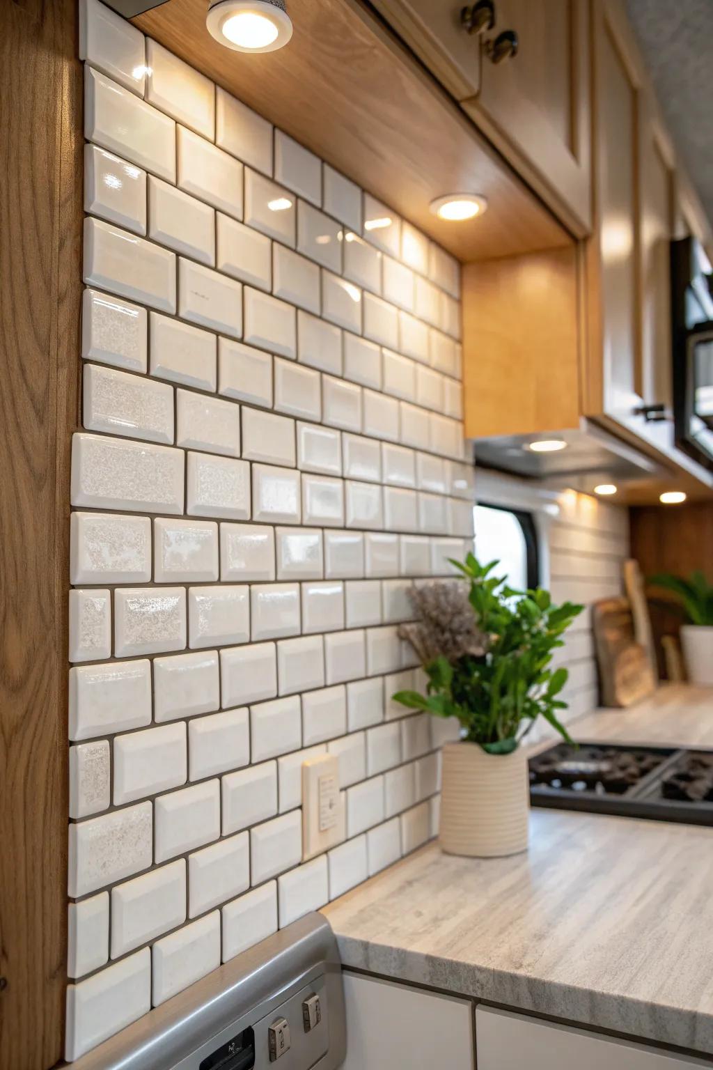 Elevate your RV kitchen with a modern twist on classic subway tiles.