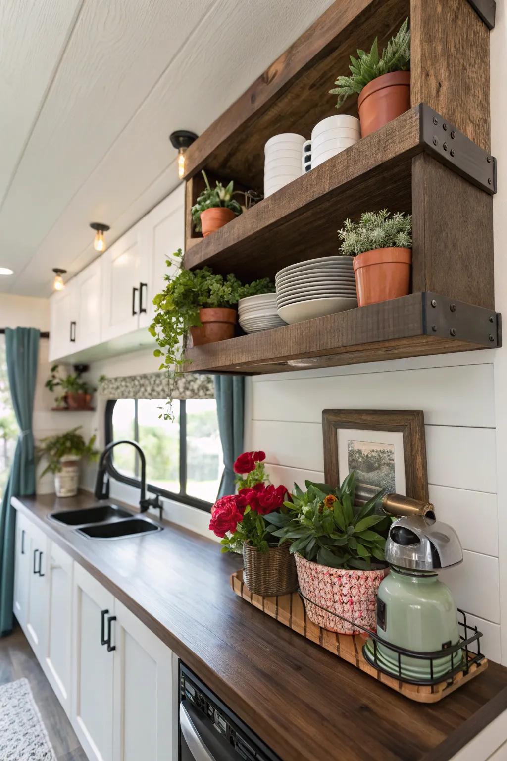 Maximize your RV's potential with sleek floating shelves that blend style and functionality.