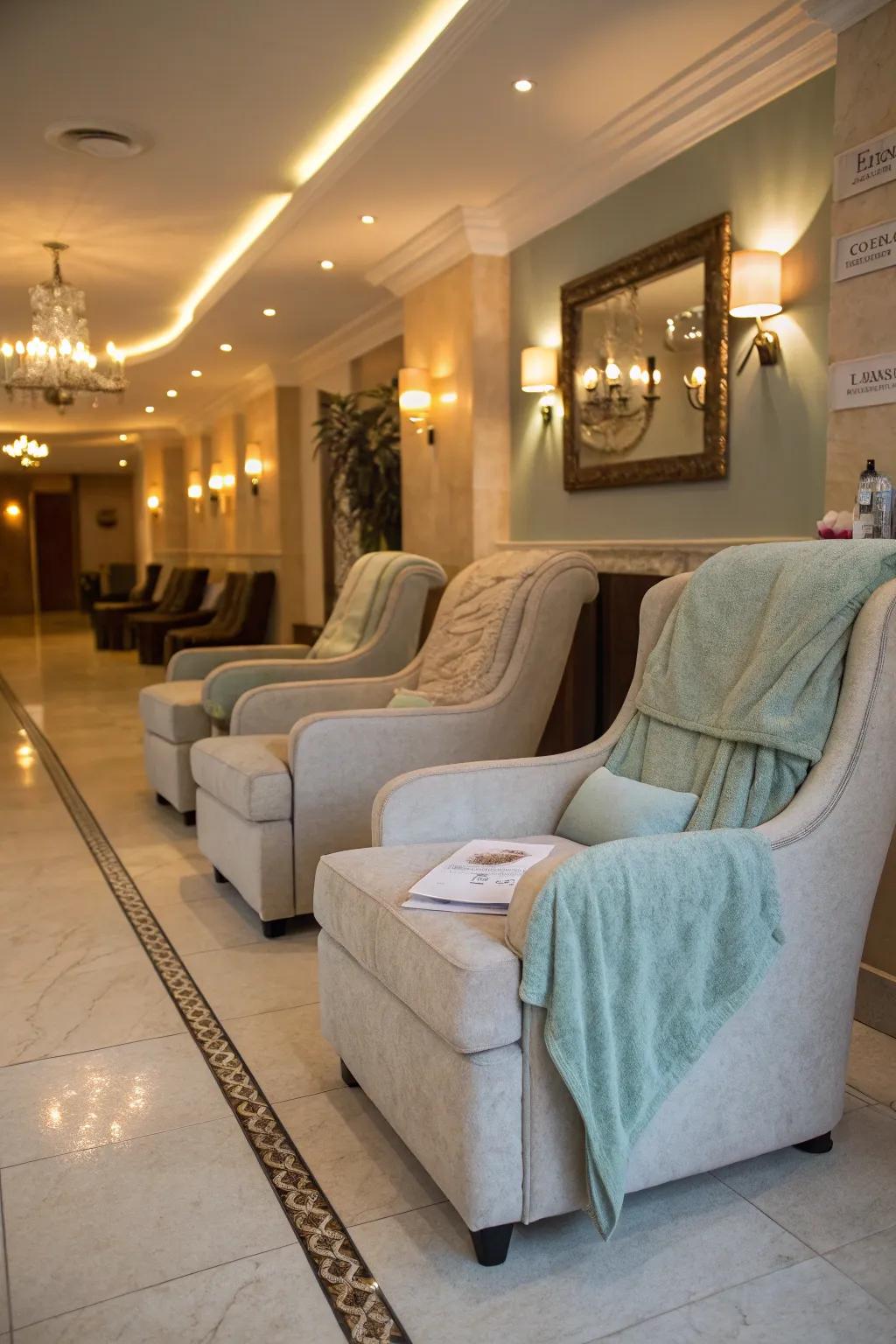 A salon reception area with inviting plush lounge seating for client comfort.