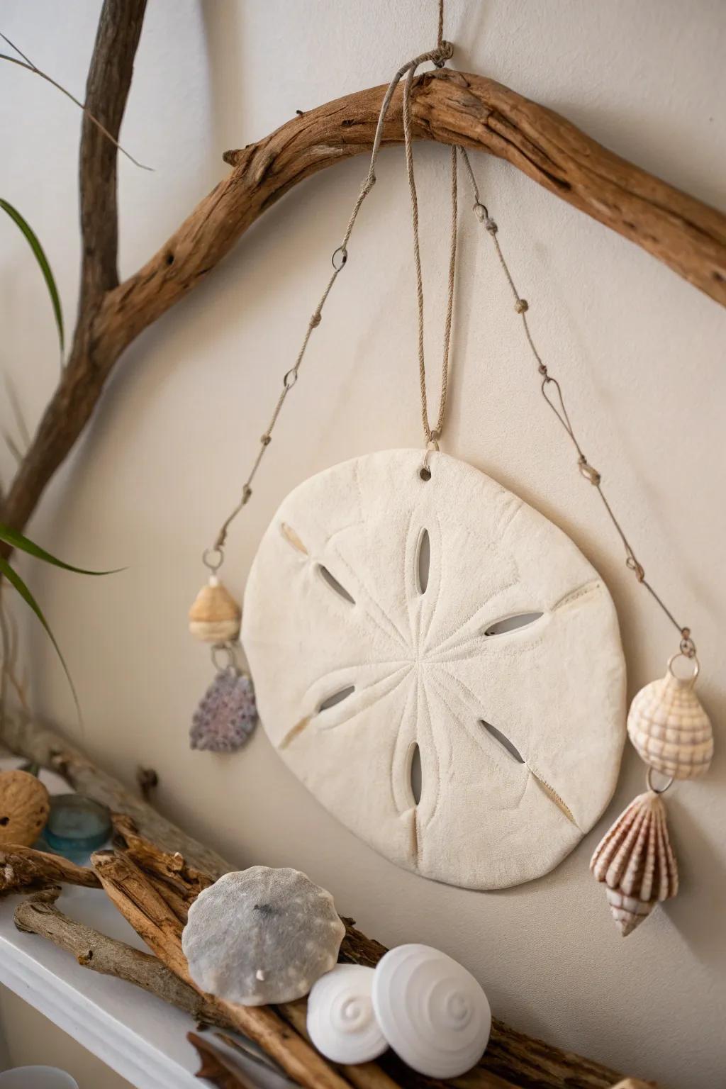 Bring a touch of the coast to your home with this elegant sand dollar wall hanging, perfect for adding a splash of seaside serenity to any room.