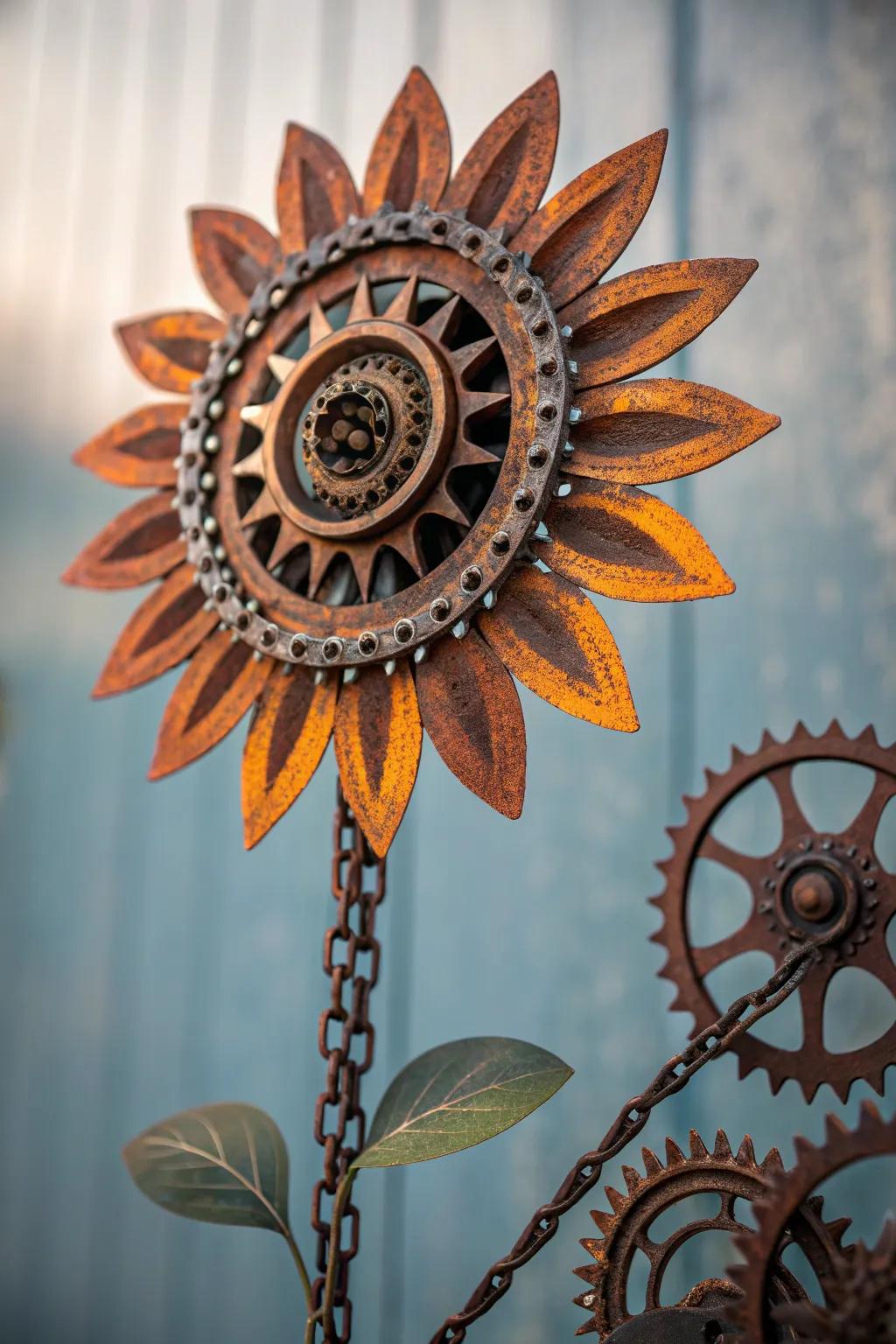 Rustic Elegance: A Metal Sunflower Born from Bicycle Parts