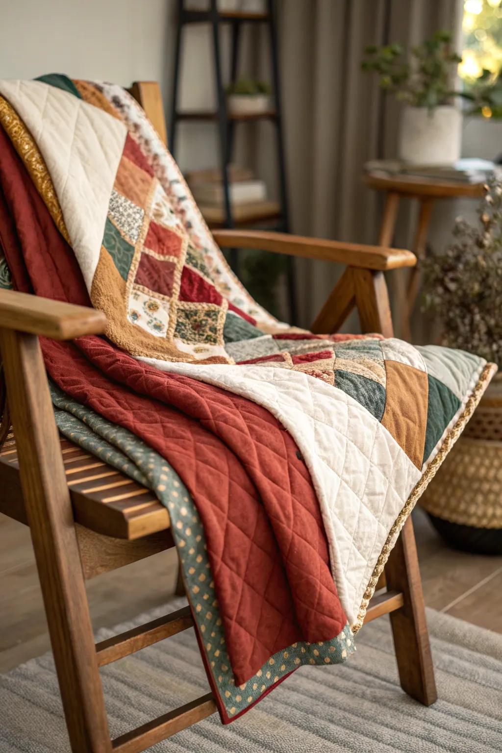 Dive into the tactile delight of this beautifully textured scrappy quilt, where smooth silks meet cozy cottons in a stunning Scandinavian-Boho fusion.