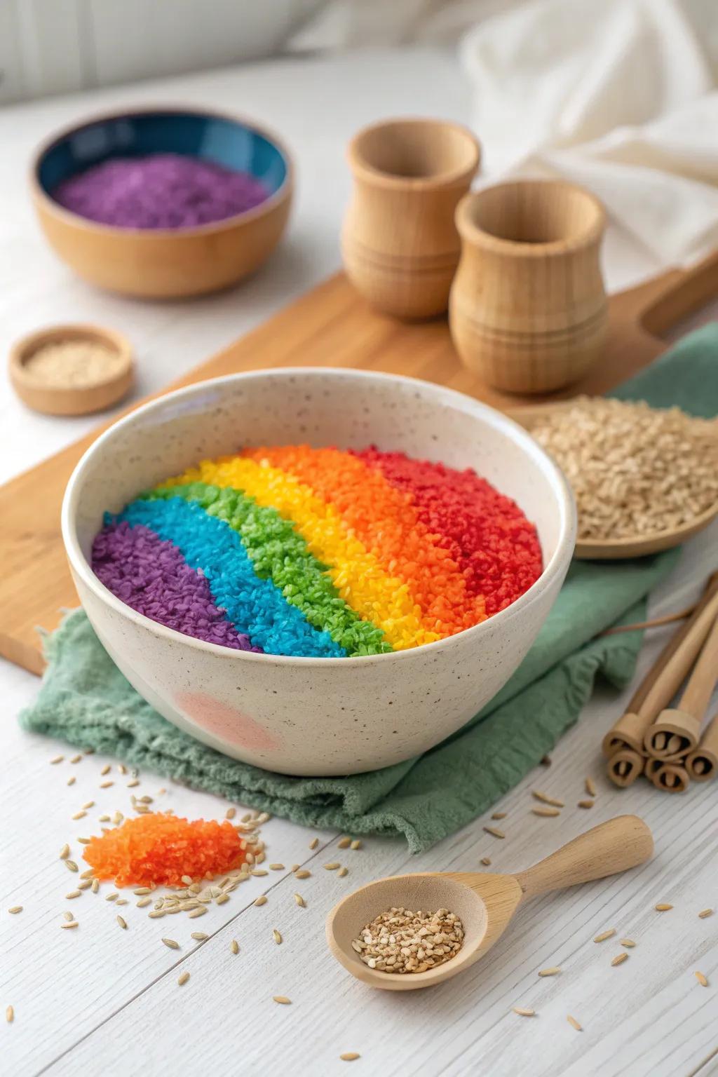 Embrace the joy of color and simplicity with Rainbow Rice Delight—a sensory experience crafted for endless imagination.