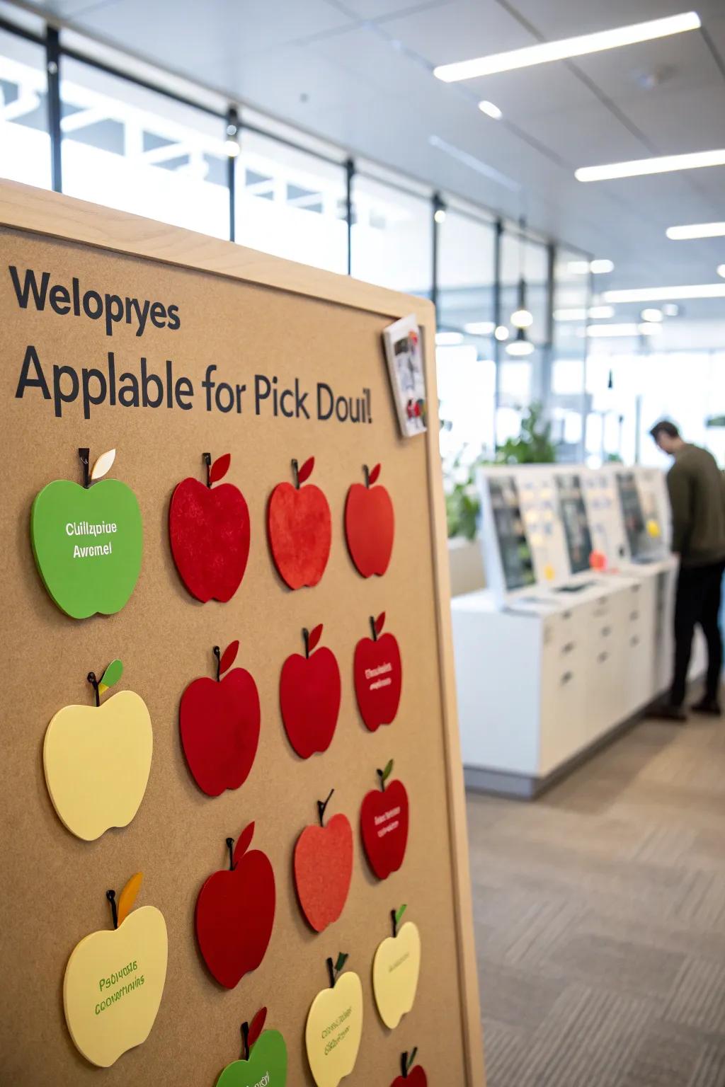 An interactive apple picking board with tasks hidden in apple cutouts.