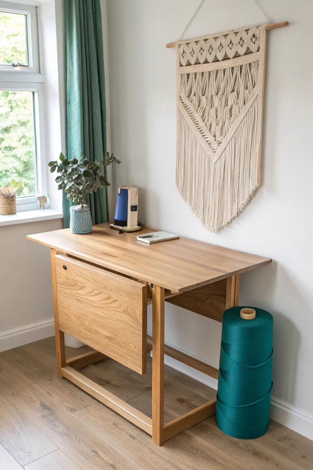 Transform your space with the elegance and versatility of a wall-mounted drop-leaf sewing table.