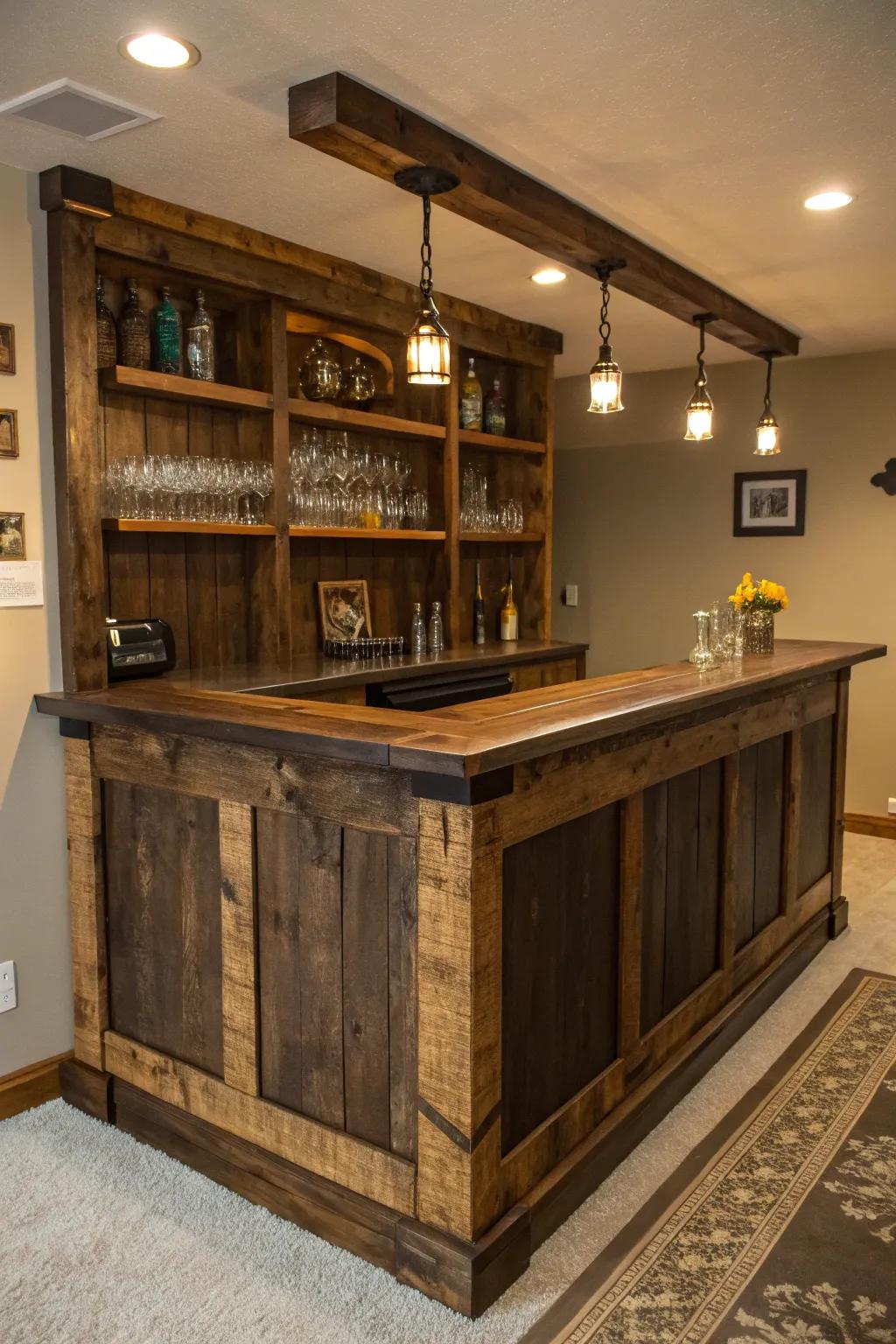 Transform your space with a handcrafted bar made from reclaimed wood—where style meets function on a budget.