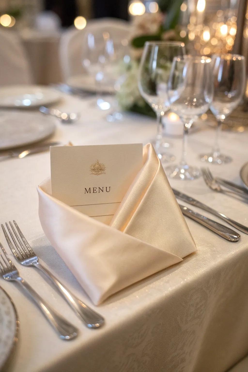 A silk napkin folded into a beautiful envelope, adding a personal touch to your dinner setting.