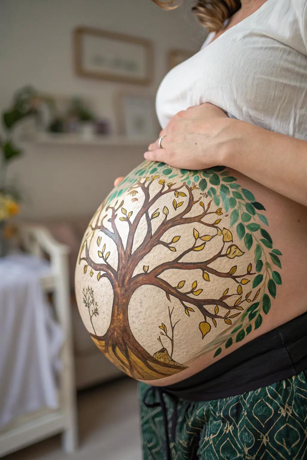 Celebrate the journey of life with a beautifully painted Tree of Life on your belly, symbolizing love and new beginnings.