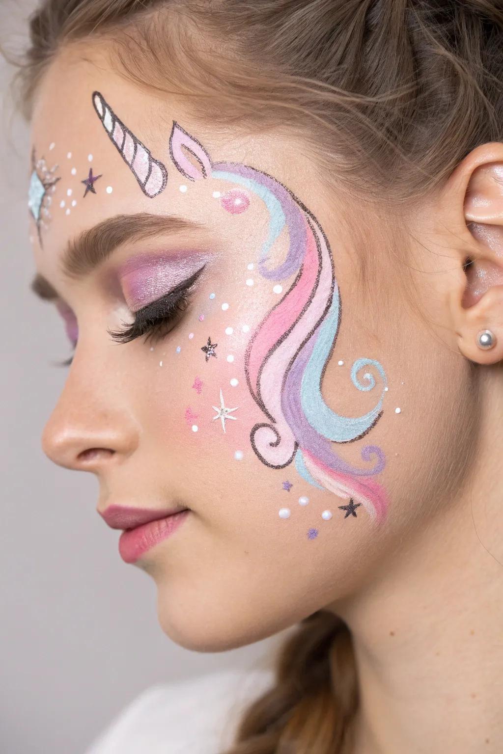 Embrace your inner magic with this whimsical unicorn face paint—a splash of pastels and glitter for a stunning, dreamy look!