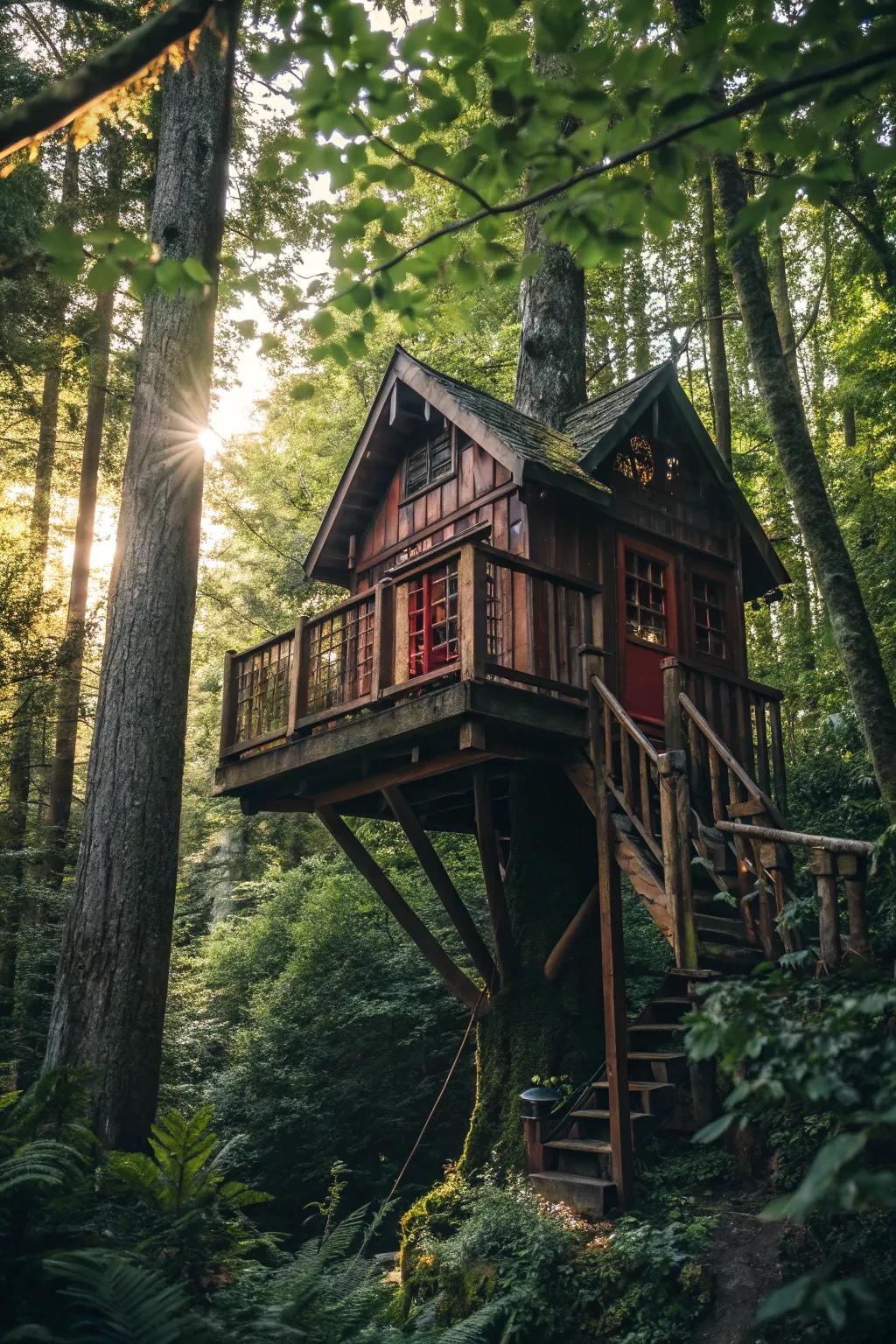 Escape to tranquility: A masterfully crafted treehouse harmoniously embraced by nature.