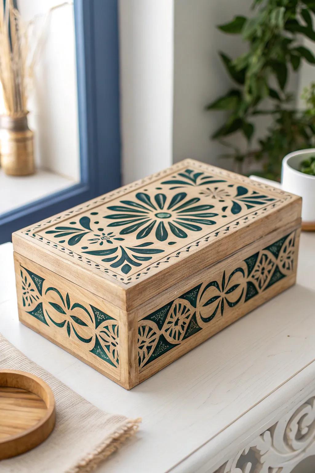 Discover the art of simplicity with this intricately carved decorative box, a perfect blend of Scandinavian minimalism and Boho elegance.
