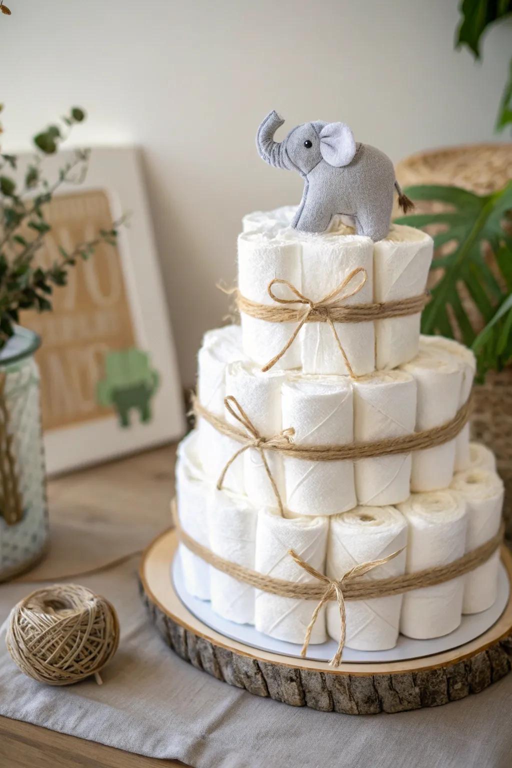 Embrace the wild spirit with a minimalist diaper cake topped with a charming plush elephant, perfect for a touch of safari elegance!