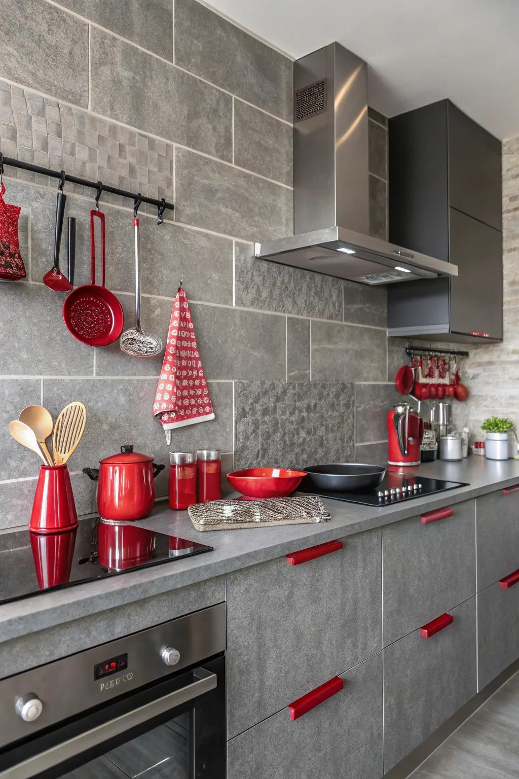 Neutral grey backsplash balancing vibrant red kitchen accents.