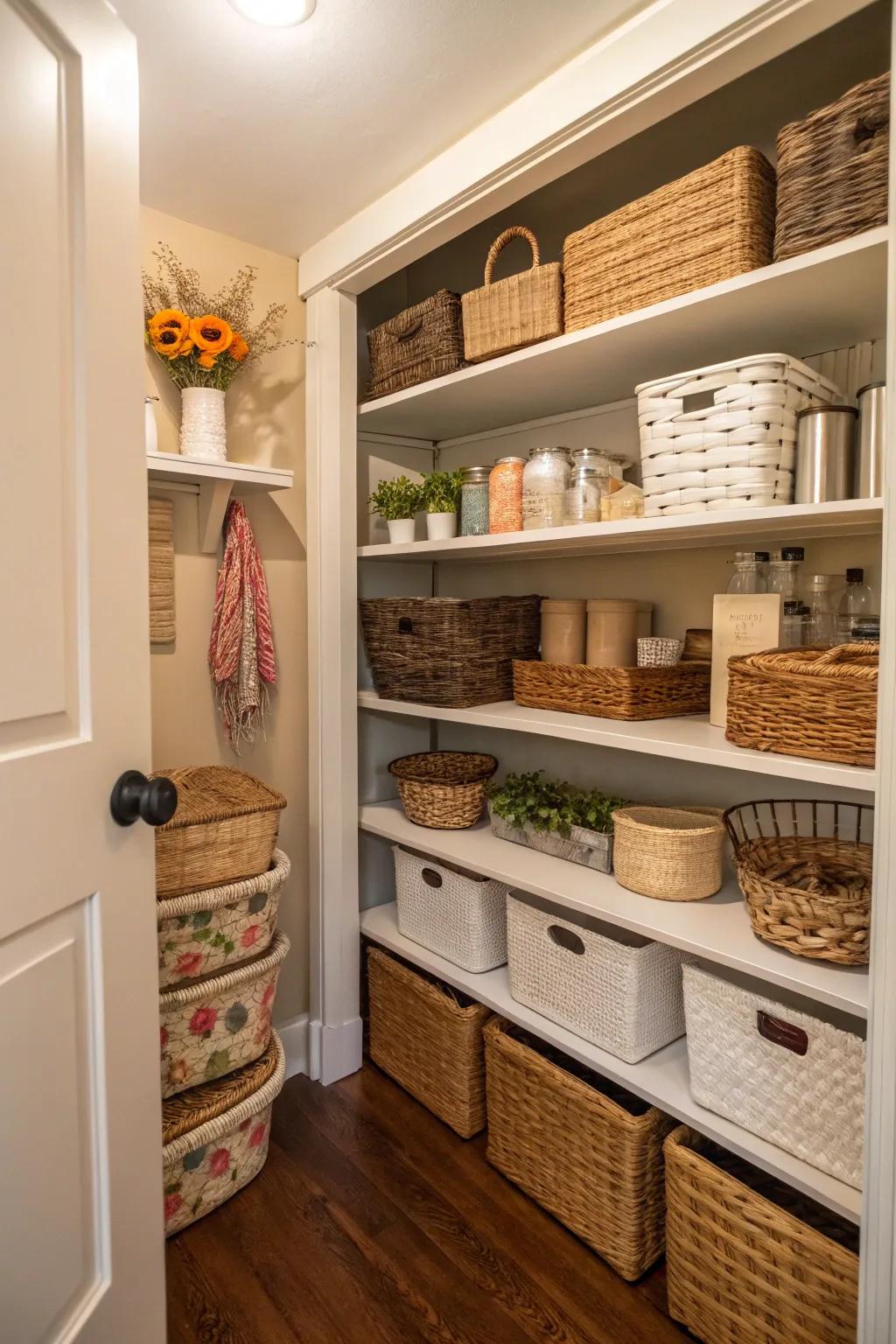 Decorative baskets add both storage and style.