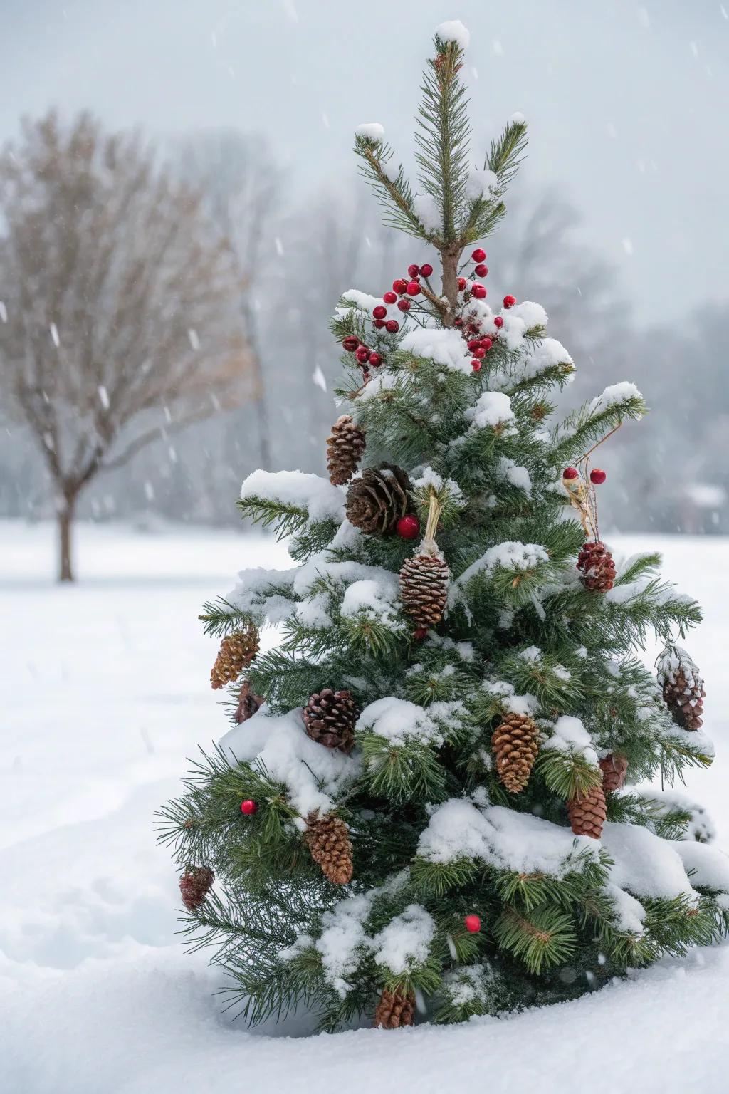 Natural elements like pinecones and berries add a rustic charm to a snowy Christmas tree.