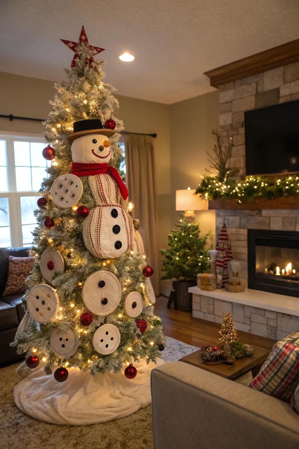 Button ornaments add a classic snowman look.