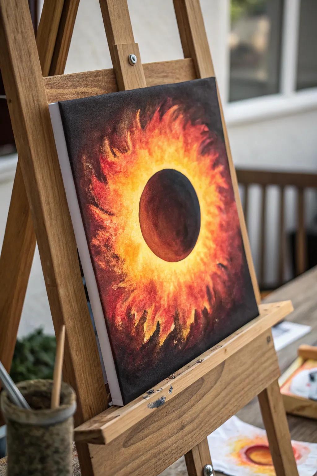 Embrace the celestial wonder of a solar eclipse through the vibrant artistry of watercolors.