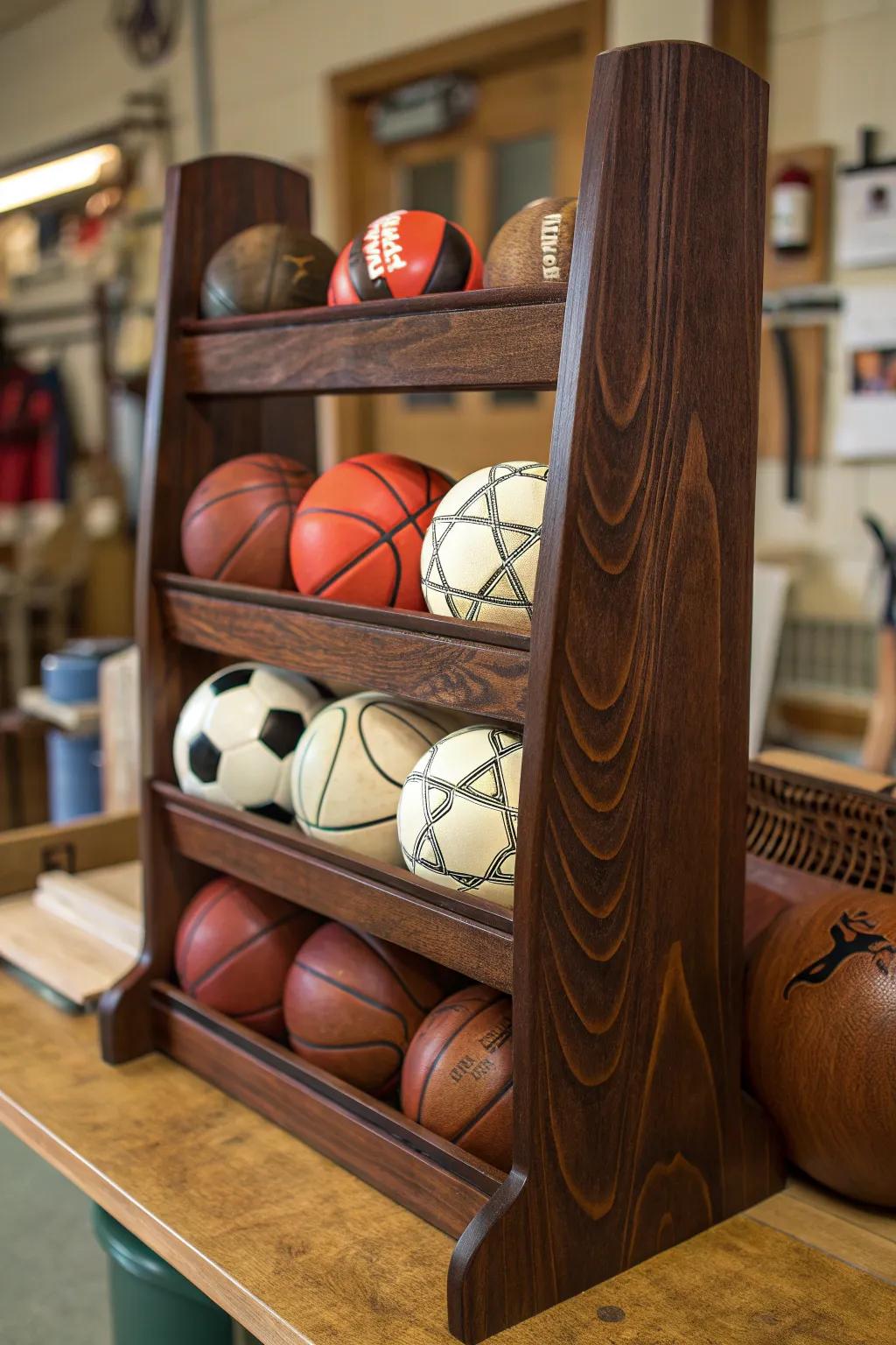 Elevate your sports storage with this handcrafted wooden rack – a perfect blend of functionality and rustic charm.