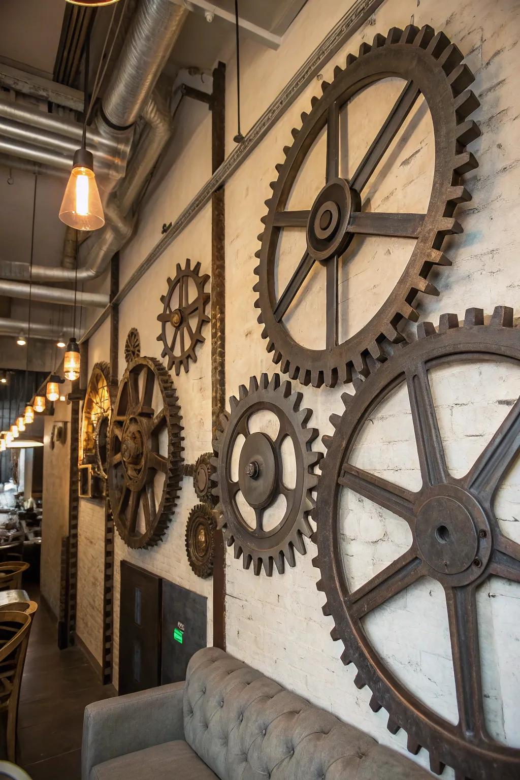Metal gears transform a simple wall into a steampunk masterpiece.